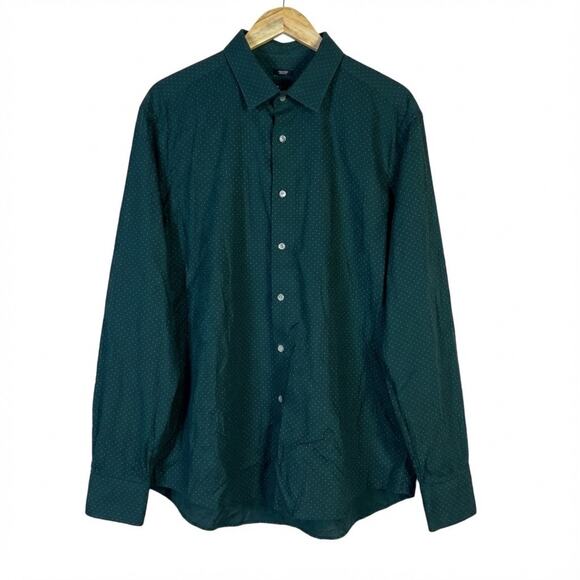 Kenneth Cole Polka Dot Button Down Shirt Mens XXL Green Non-Iron Preppy Career - Picture 2 of 5